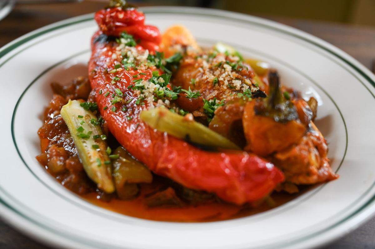 A vegetarian, jambalaya-stuffed pepper is one of many wonderful Creole-inspired dishes at the new Chez Lafayette in downtown Tacoma.