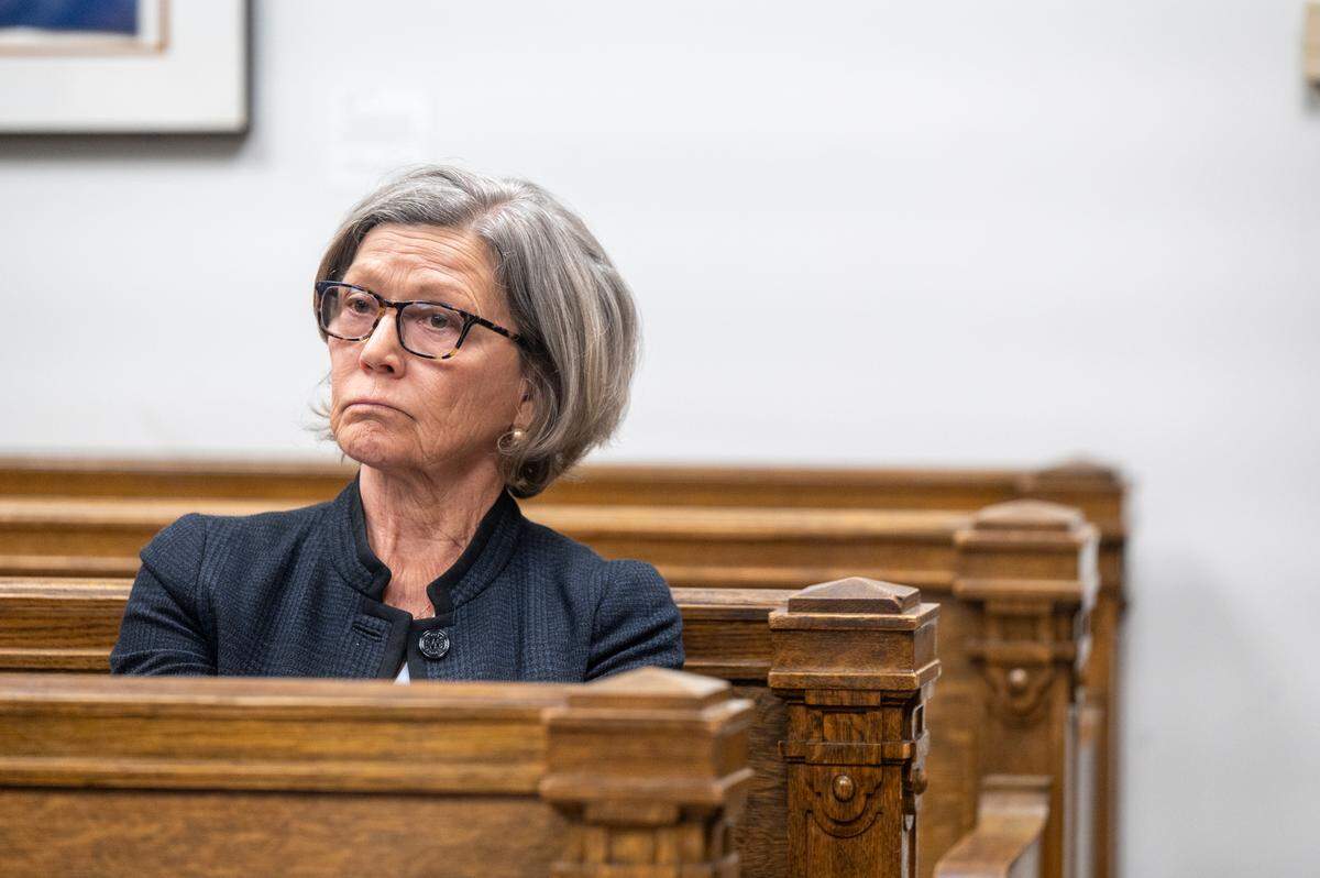 Prosecuting Attorney Mary Robnett sits in the gallery for a hearing in a civil case where Robnett is seeking to bar Joan Mell from acting as Pierce County Sheriff Keith Swank’s attorney on Monday, June 16, 2025, at the King County Courthouse in Seattle.