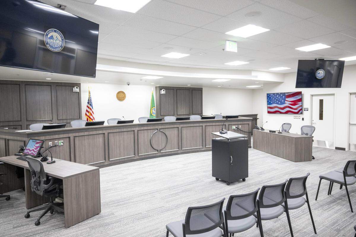 New council chambers for the Pierce County Council are pictured on Wednesday, March 4, 2026, in Tacoma, Wash.