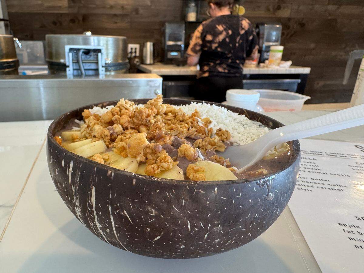 Peanut butter chocolate acai bowl on Friday, April 4, 2025, at Serve Nutrition in Key Center, Wash.