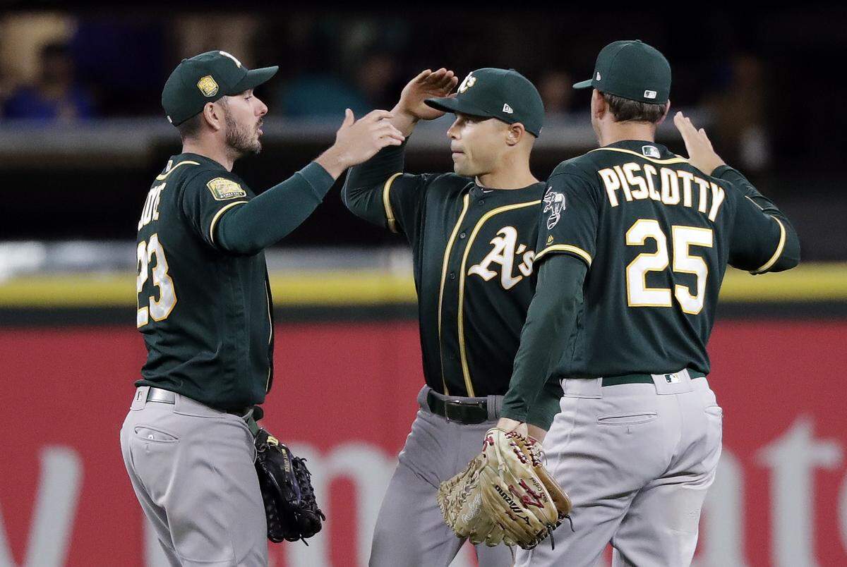 Oakland Athletics outfielders Matt Joyce (23), Jake Smolinski and Stephen Piscotty (25) salute each other in celebration after the A's defeated the Seattle Mariners 3-2 in a baseball game Wednesday, May 2, 2018, in Seattle. (AP Photo/Elaine Thompson)