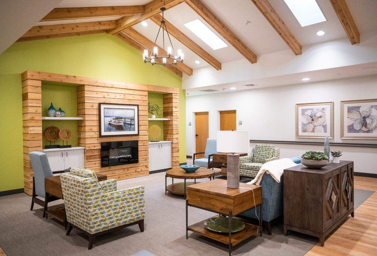 A view of the main room or gathering space inside of one of the Mustard Seed Project’s three homes that are part of the first assisted living facility on the Key Peninsula, in Lakebay, Wash. on Jan, 25, 2023. Each home has 10 rooms and a communal area with a kitchen.