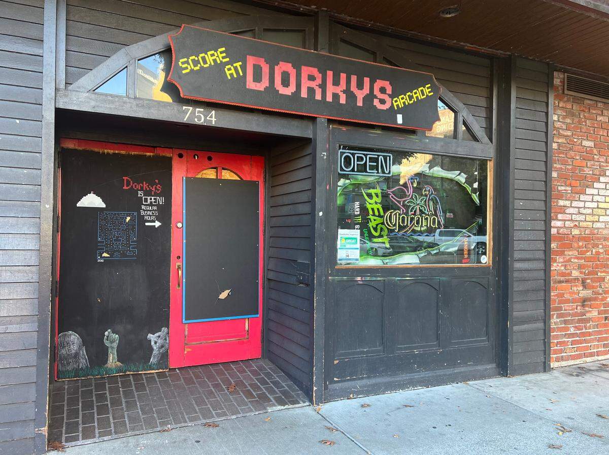 The door was locked at Dorky’s bar-arcade in downtown Tacoma at about 4 p.m. on Thursday, Oct. 17, 2024.