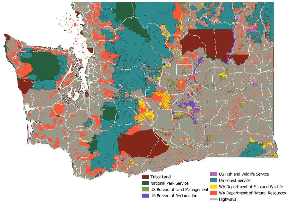 A map of land managed by U.S. and state agencies. This graphic is included in the report from Home Range Wildlife Research and Conservation Northwest.