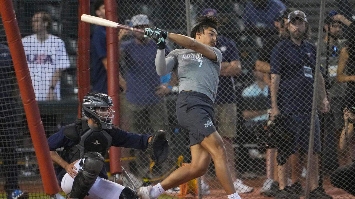 Draft prospect Tai Peete participates in the MLB baseball draft combine, Wednesday, June 21, 2023, in Phoenix. (AP Photo/Matt York)