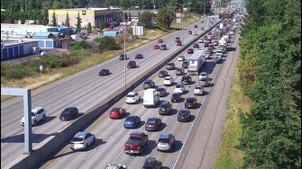 Backups are happening on Interstate 5 northbound near milepost 125 in Lakewood because of a fire on June 14, 2026.