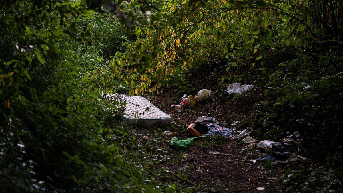 A mattress, clothing and several food containers are seen in the woods near Springbrook Park in Lakewood on July 16, 2020.