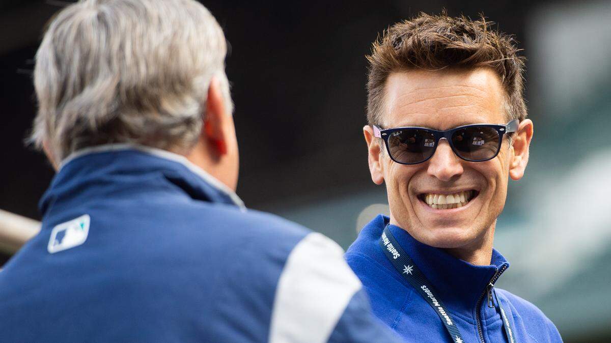General Manager Jerry Dipoto grins during an interview at  Mariners Fan Fest at T-Mobile Park in Seattle, Wash., on Saturday, March 23, 2019. 