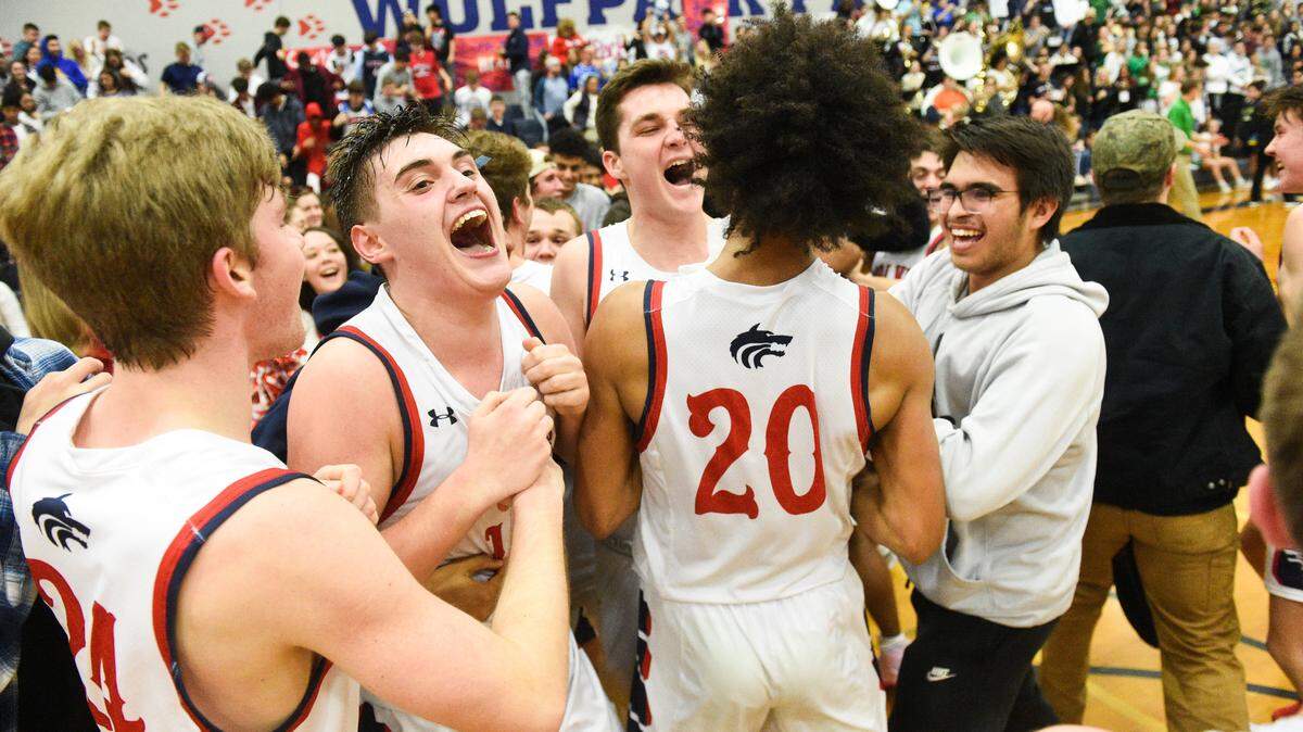 Black Hills players celebrate their win over Tumwater. Black Hills played Tumwater in a basketball game at Black Hills High School in Olympia, Wash., on Friday, Jan. 24, 2020.