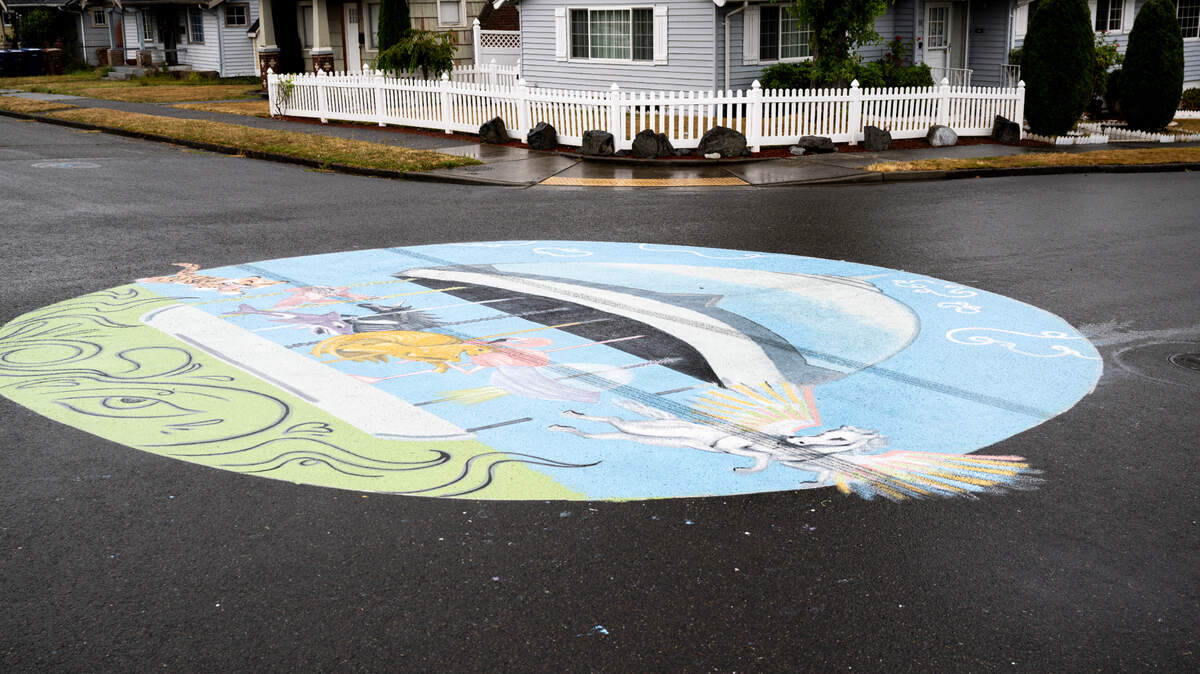 Tire tracks mark a mural in the intersection of South 50th Street and South D Street, on Tuesday, Aug. 20, 2024, in Tacoma, Wash.