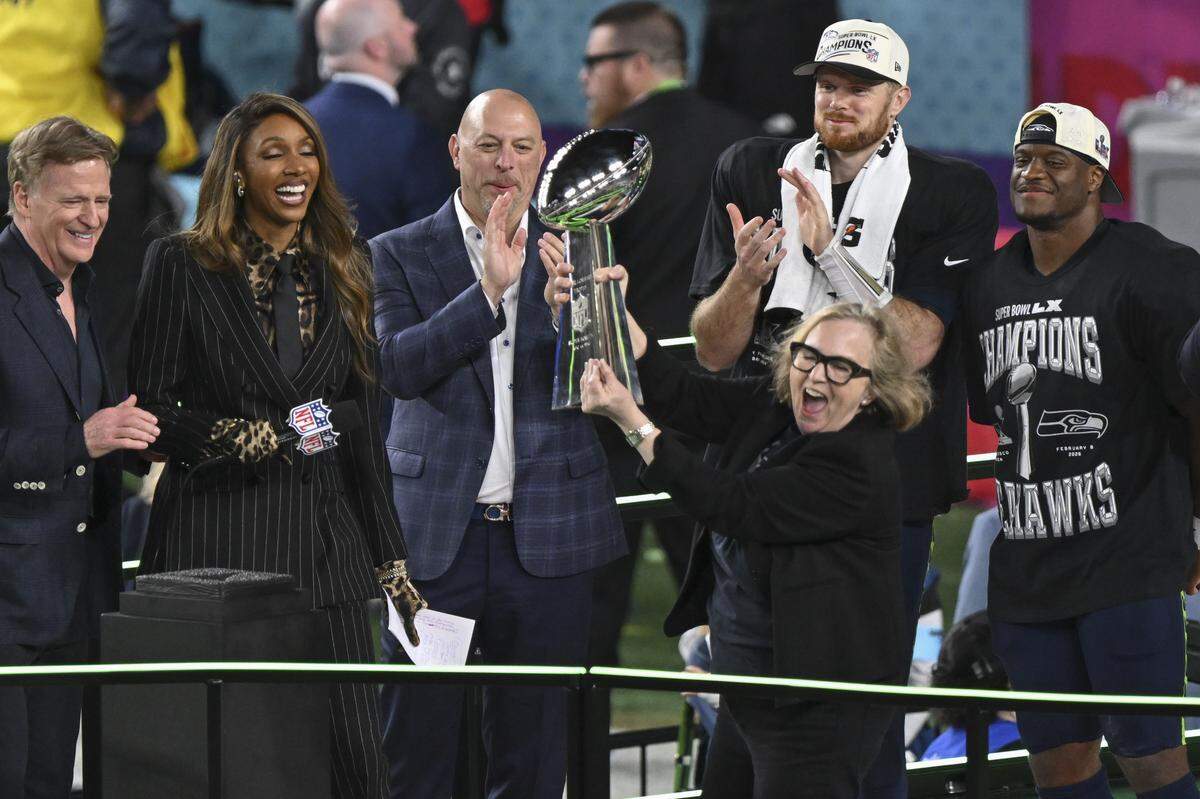 Seattle Seahawks chair Jody Allen reacts after the Seahawks win Super Bowl LX at Levi’s Stadium in Santa Clara on Sunday, Feb. 8, 2026.