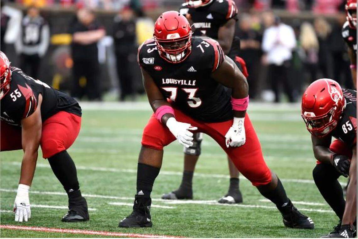 Tackle Mekhi Becton from Louisville (73) is expected to go in the first round of the NFL draft April 23, perhaps within the first dozen picks. Some are projecting him to go at 11 to the New York Jets.