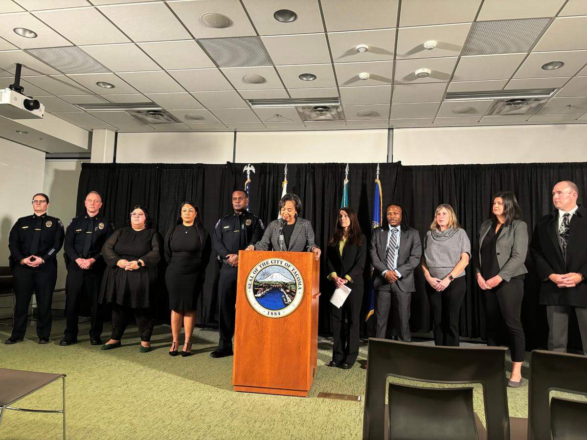 Tacoma Mayor Victoria Woodards delivers remarks after TPD Officers Christopher Burbank, Matthew Collins and Timothy Rankine were acquitted on all charges in the death of Manuel Ellis.