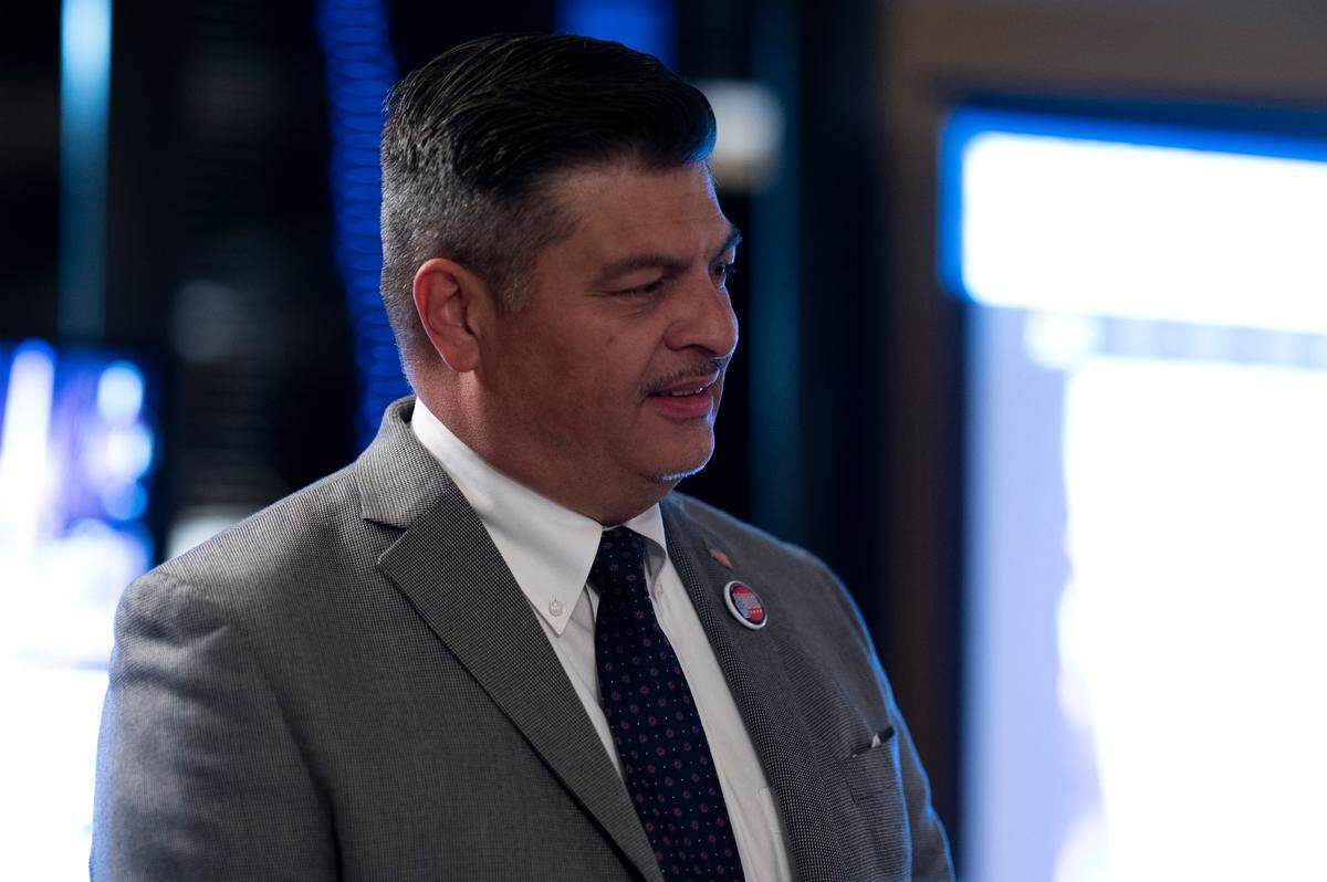 Paul Herrera, Pierce County Council, Dist. 2, chats with guest during a GOP watch party, on Tuesday, Nov. 5, 2024 in Lakewood, Wash.