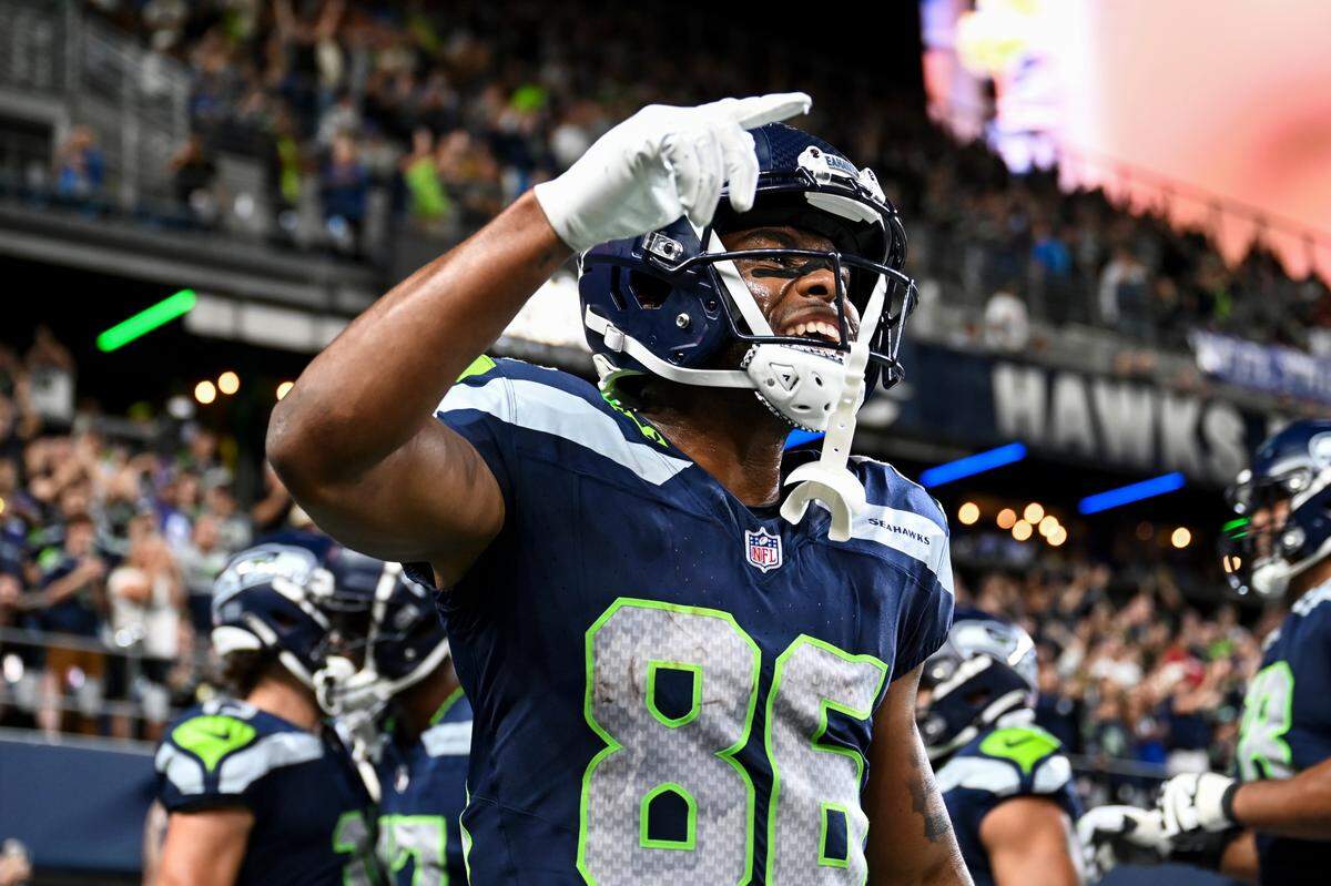 Seattle Seahawks wide receiver Easop Winston Jr. (86) celebrates a touchdown made by wide receiver Jake Bobo (19) during the third quarter of the preseason game against the Minnesota Vikings at Lumen Field, Thursday, Aug. 10, 2023, in Seattle, Wash.