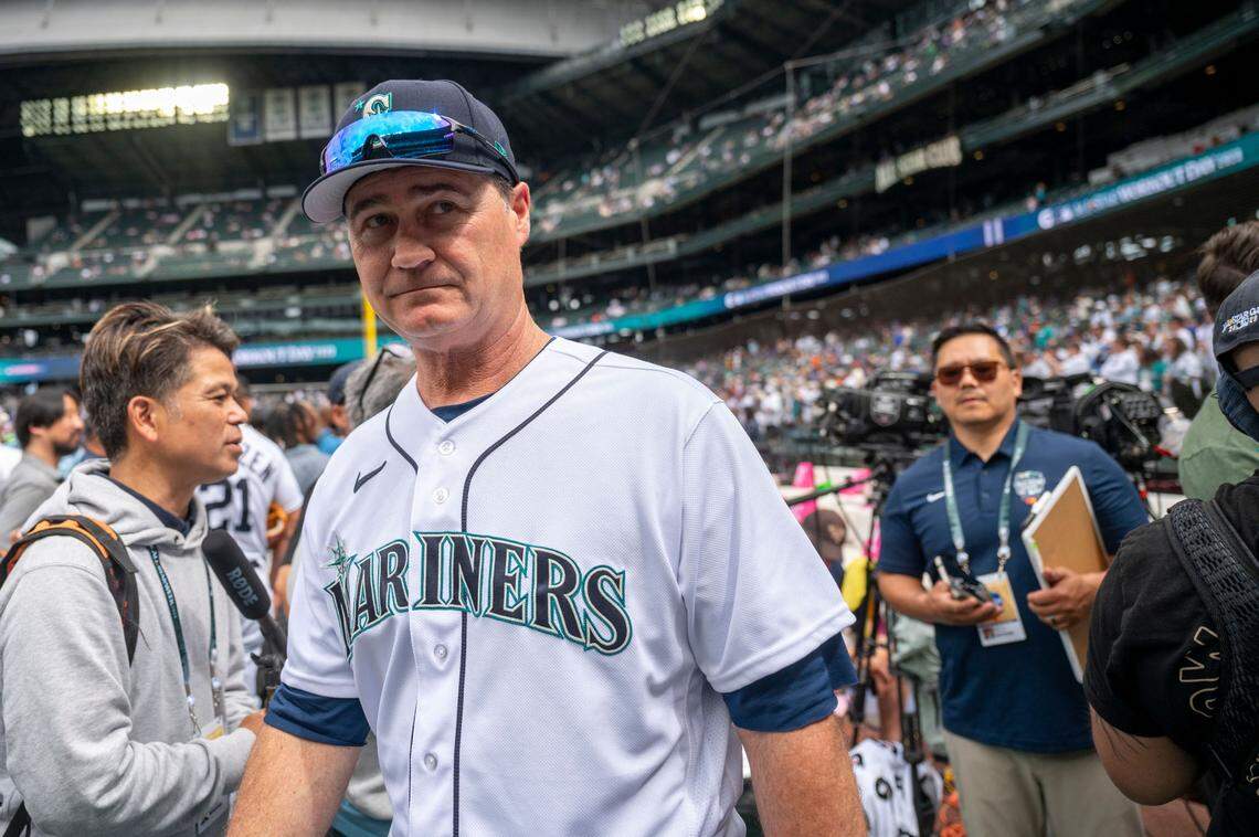 Seattle Mariners manager Scott Servais walks out onto the field as All-Stars take batting practice prior to the start of the 2023 MLB Home Run Derby on Monday, July 10, 2023, at T-Mobile Park in Seattle.