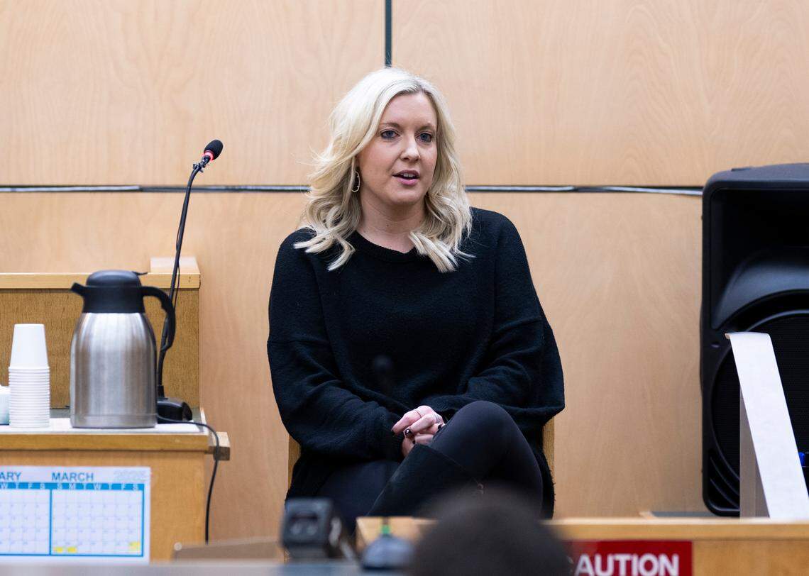 Stacy Jackson, ex-wife of the defendant, testifies during the trial of Jacob “Jake” Jackson at Pierce County Superior Court, on Tuesday, Jan. 21, 2025, in Tacoma.