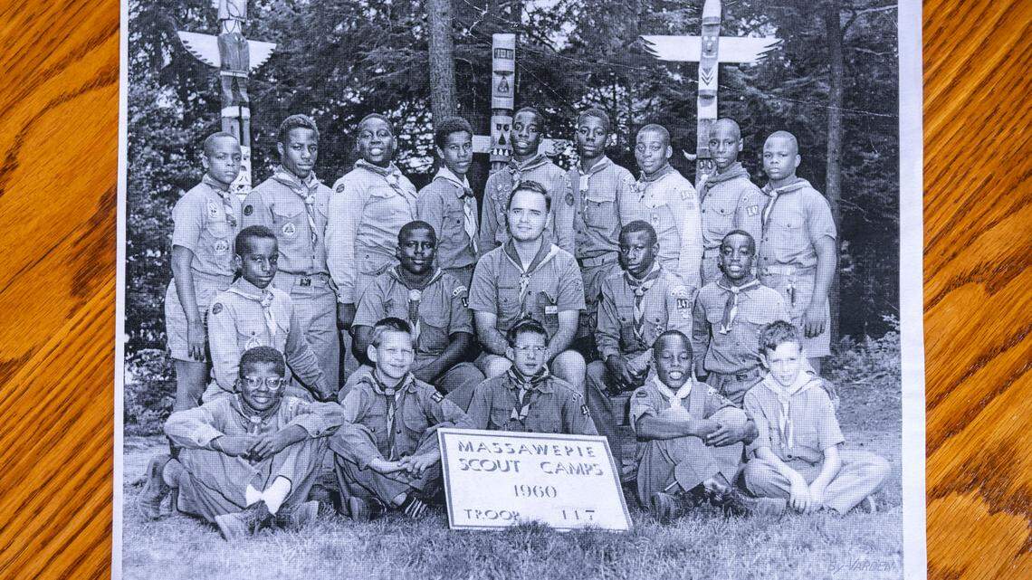 In this undated photo Samuel Jones (fourth from the right in the top row) poses with the fellow members of his Boy Scouts Troop 117 in 1960.