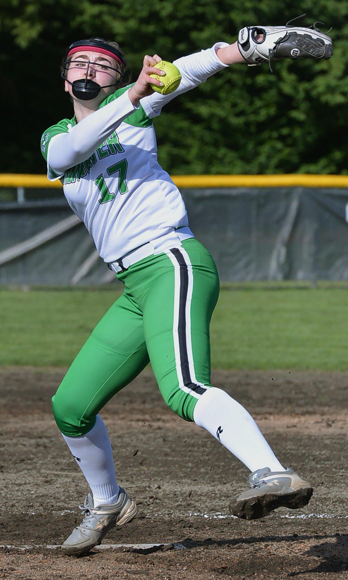 Tumwater pitcher Haley Stewart works the early innings during the T-Birds’ April 27 home game against Centralia.