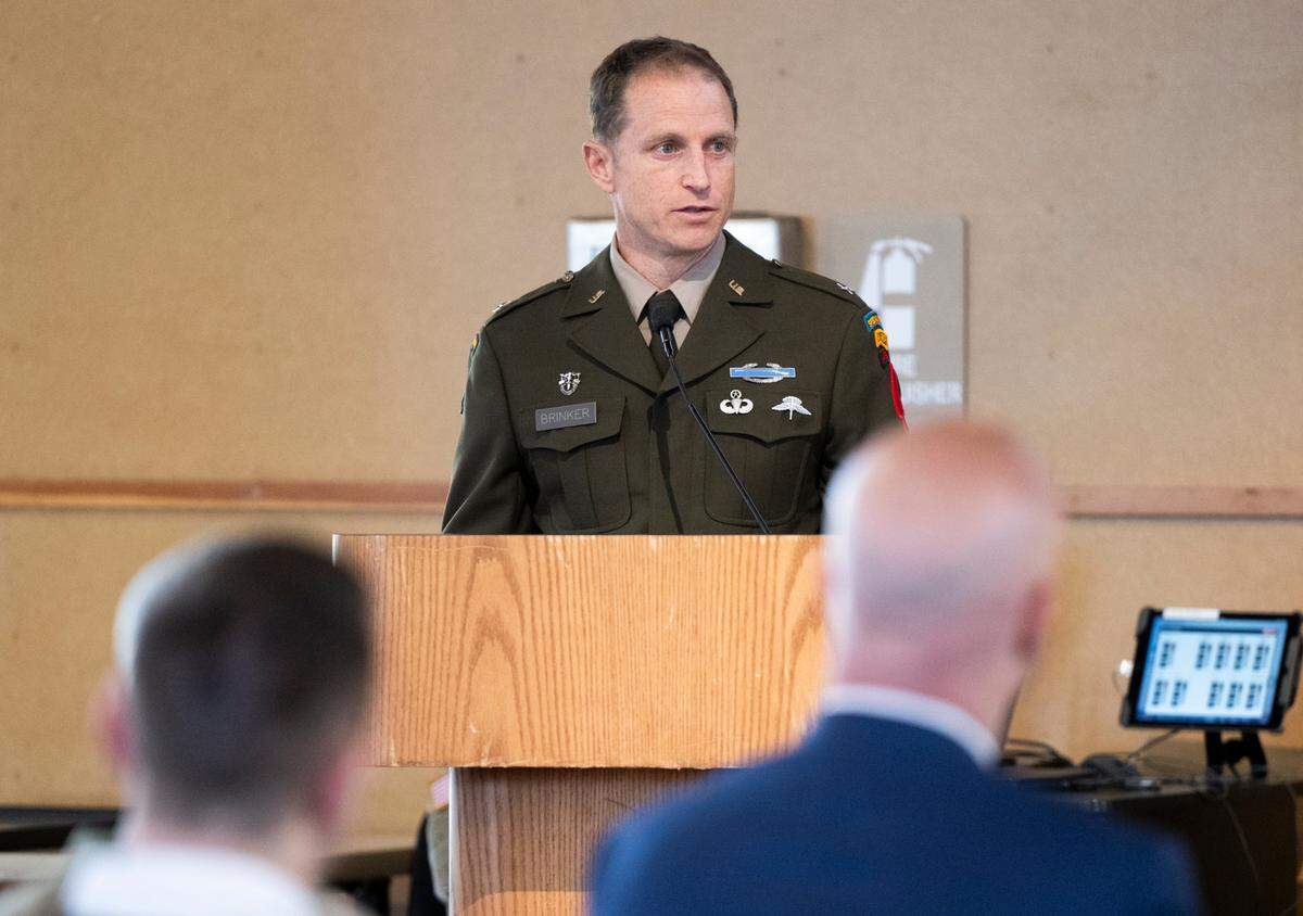 Brigadier General Kirk Brinker gives remarks during a Silver Star Award Ceremony for Special Forces Medical Sergeant Bryan Black at Pioneer Park Pavillion, on Tuesday, April 8, 2025, in Puyallup, Wash.