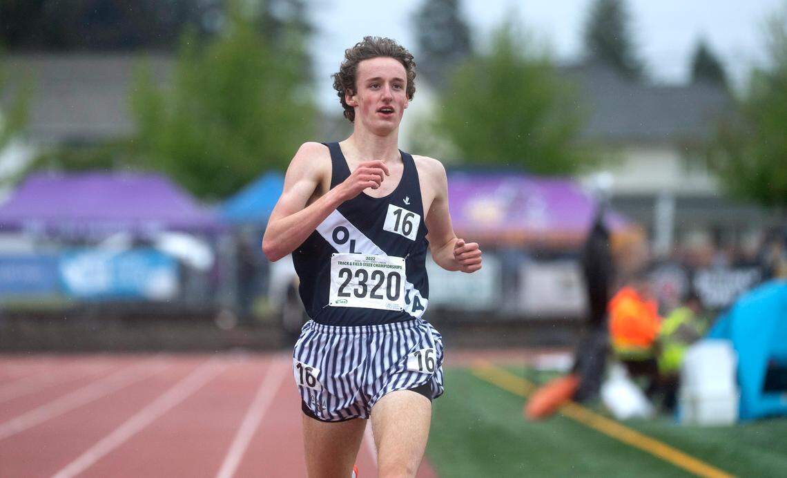 Olympia’s Ethan Coleman ran away with the 4A boys 3200-meter state championship during the final day of the WIAA State Track and Field Championships at Mount Tahoma High School in Tacoma, Washington on Saturday, May 28, 2022.