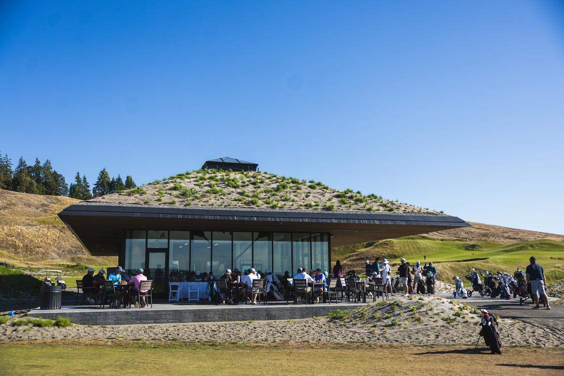 The Landing sits between the 1st and 10th tees, with outdoor seating and views of Puget Sound that make the course and park a jewel of the region.