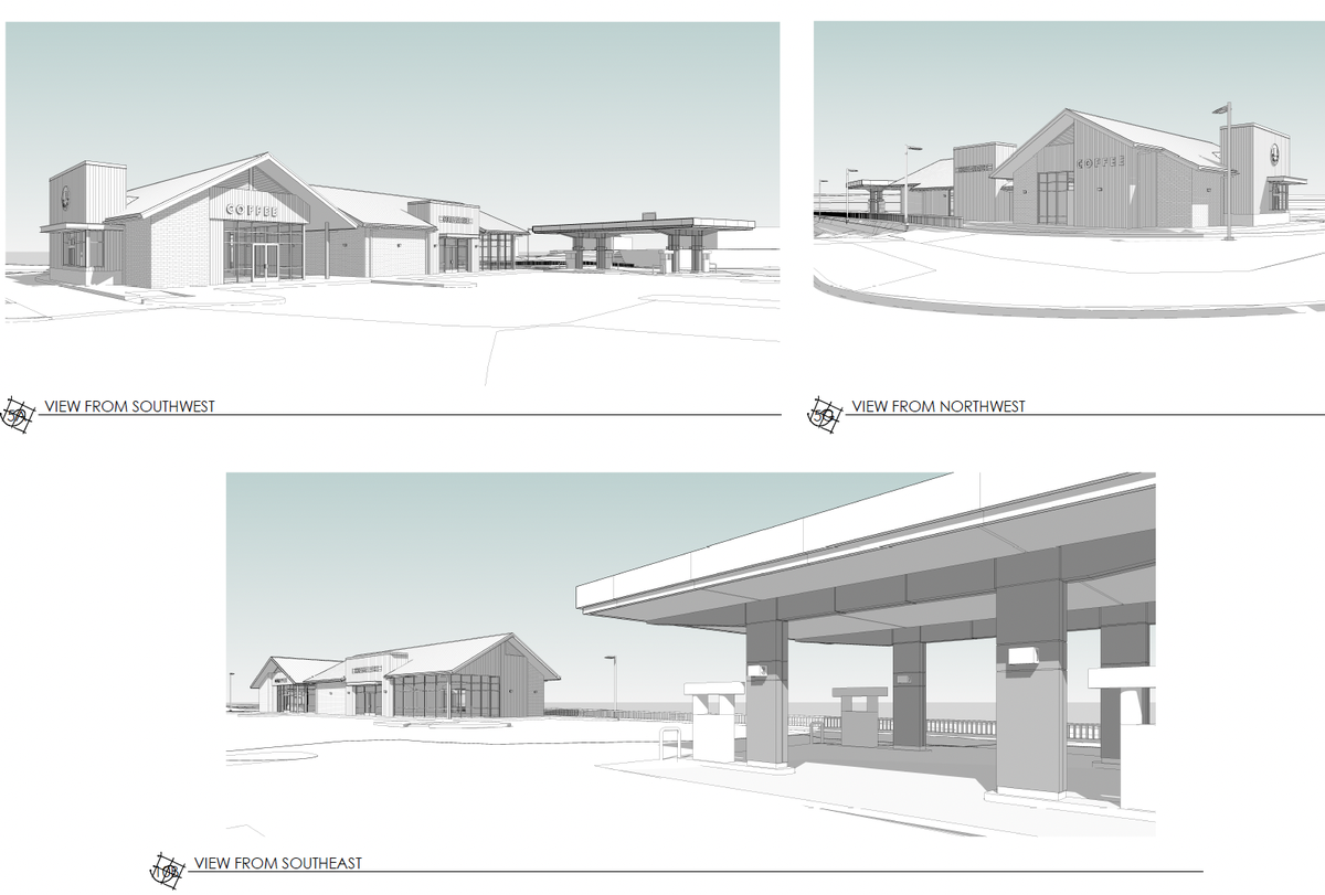 These renderings show the planned buildings from different perspectives for the Sehmel Drive commercial development.