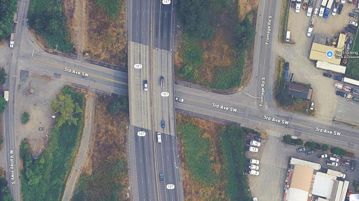 A photograph of where 3rd Avenue Southwest travels under state Route 167 in Pacific, Washington. A vehicle traveling on 3rd Avenue hit the state Route 167 bridge on Tuesday, Sept. 23, 2025.