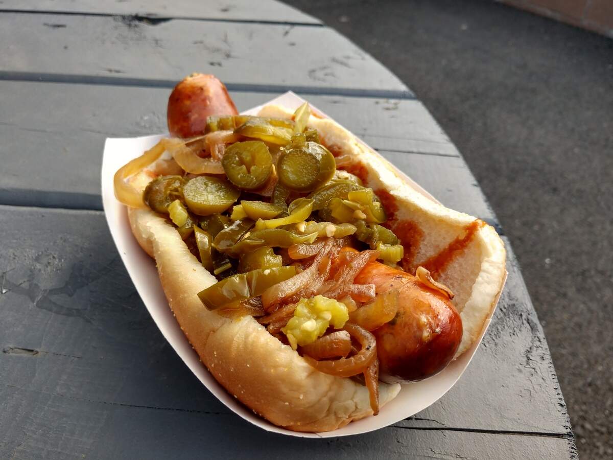 The Kicker Dog from the R Haus Brats stand at Cheney Stadium.