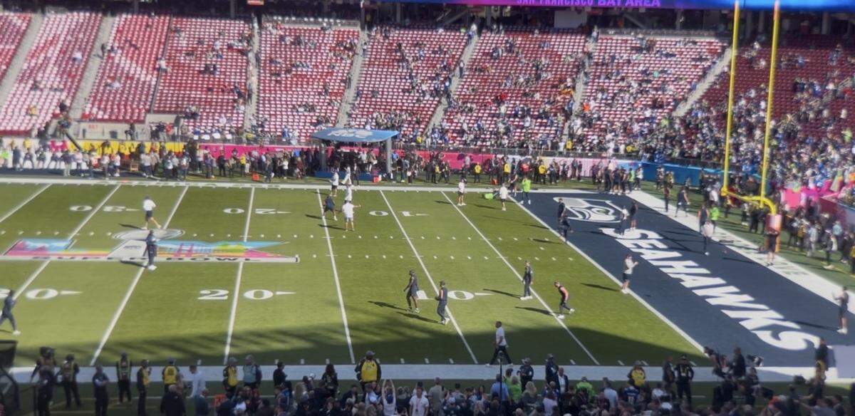 Seahawks on the field inside Levi’s Stadium about two hours before kickoff of Super Bowl 60 Sunday, Feb. 8, 2026, in Santa Clara, California.