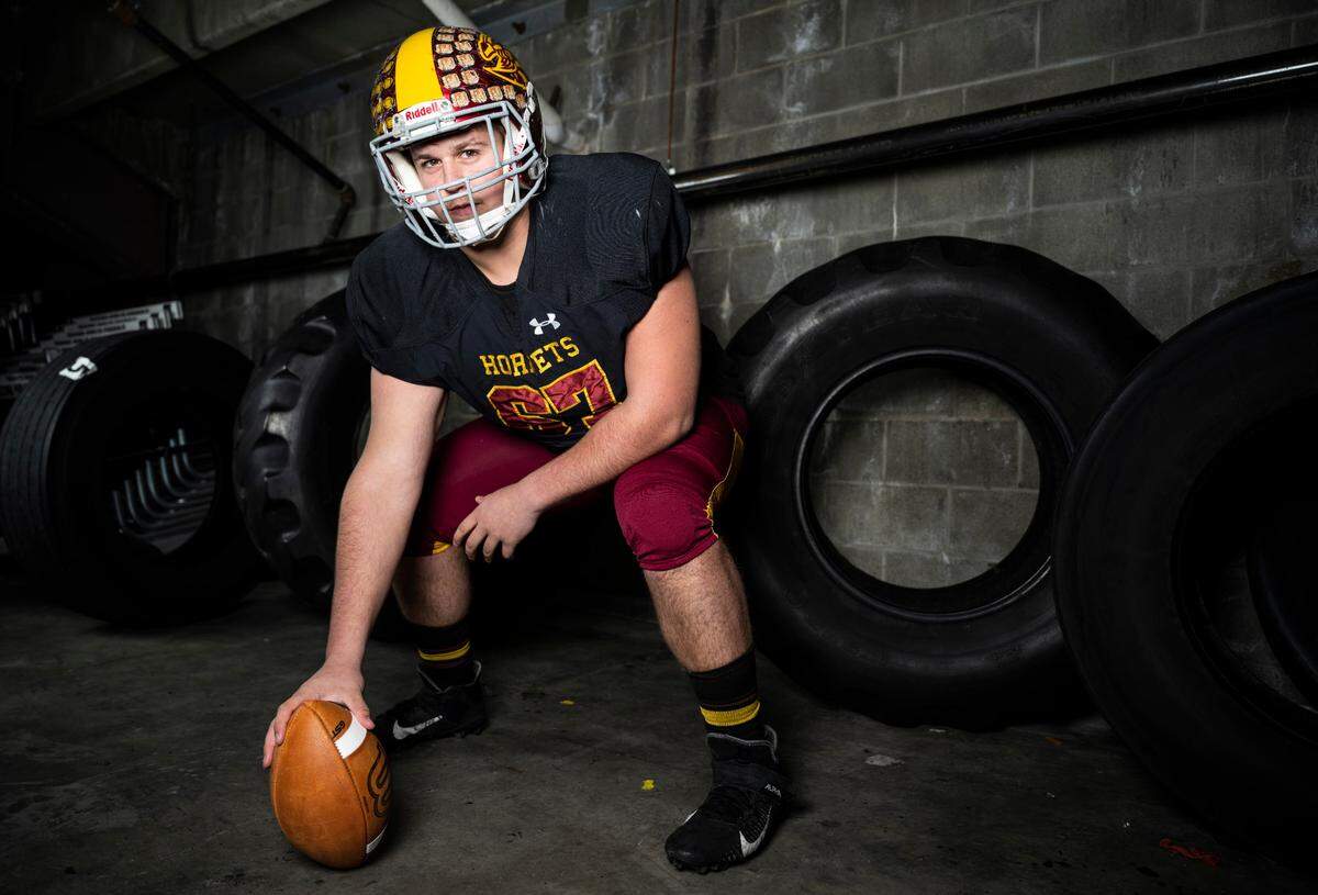 Enumclaw senior Zeke Luchi poses for a portrait after being selected as an offensive lineman for The News Tribune’s 2022 All-Area football team, at Mount Tahoma High School in Tacoma, Wash. on Dec. 4, 2022.