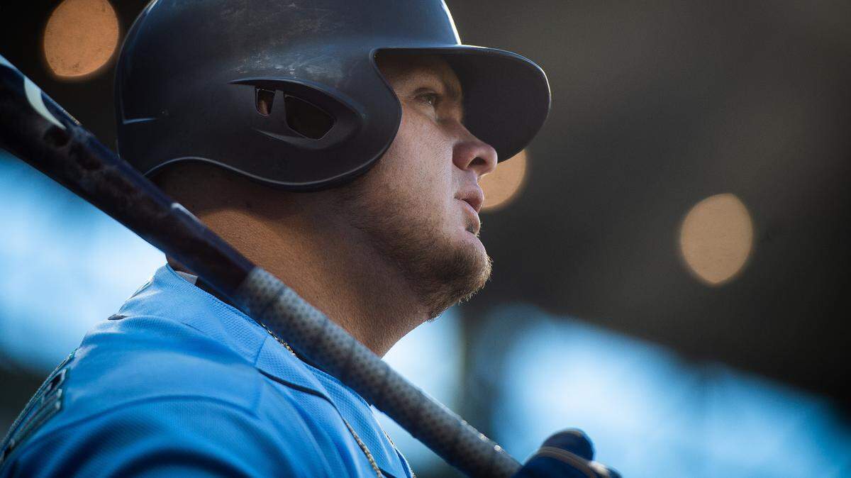 Mariners’ Daniel Vogelbach takes a moment from the on-deck circle. The Seattle Mariners played the San Diego Padres in a exhibition baseball game at T-Mobile Park in Seattle, Wash., on Tuesday, March 26, 2019.