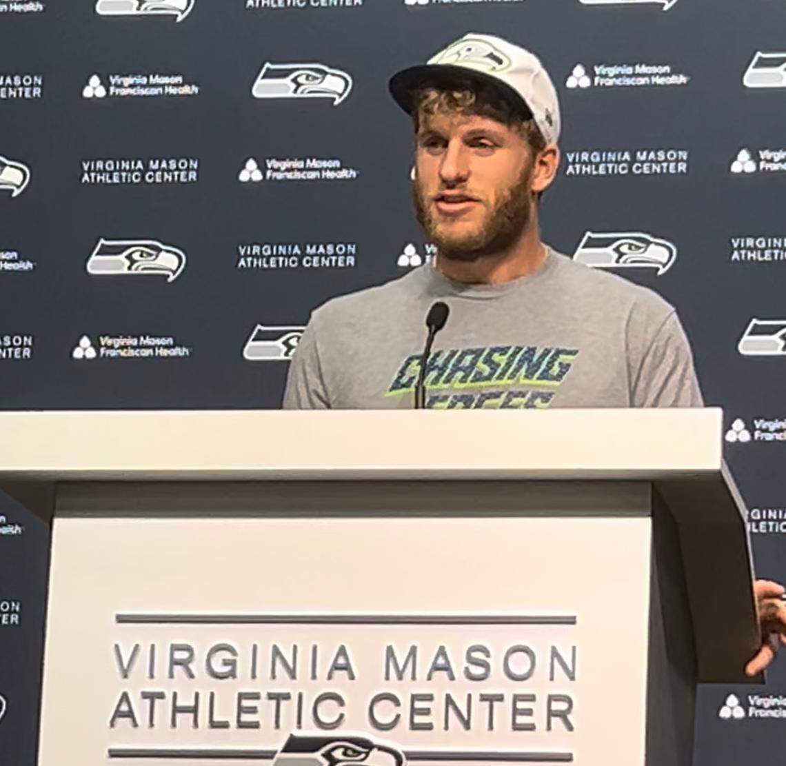 Wide receiver Cooper Kupp talks to reporters at the Virginia Mason Athletic Center in Renton Wednesday, Sept. 3, 2025, before the Seahawks’ practice for their NFL opening game against the San Francisco 49ers four days later.