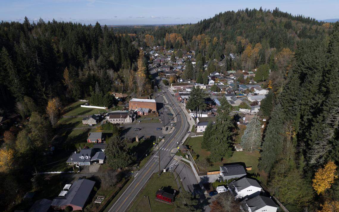 Wilkeson, a small town in Pierce County, whose main economic driver was tourists visiting Mount Rainier National Park, until the Fairfax Bridge closure, on Tuesday, Nov. 11, 2025, in Wilkeson, Wash.
