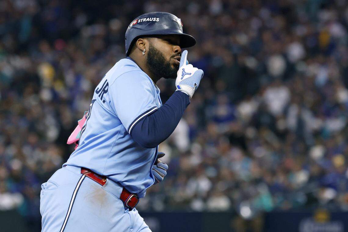 SEATTLE, WASHINGTON - OCTOBER 15: Vladimir Guerrero Jr. #27 of the Toronto Blue Jays rounds the bases after hitting a home run during the fifth inning against the Seattle Mariners in game three of the American League Championship Series at T-Mobile Park on October 15, 2025 in Seattle, Washington. (Photo by Alika Jenner/Getty Images)