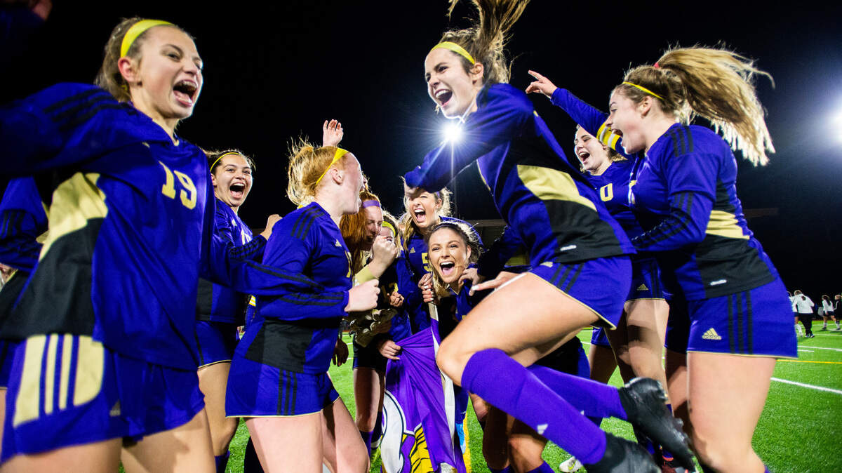 Puyallup players celebrate winning the State Championship. Puyallup played Auburn Riverside in the WIAA 4A Girls Soccer State Championship game at Sparks Stadium in Puyallup, Wash., on Saturday, Nov. 23, 2019.