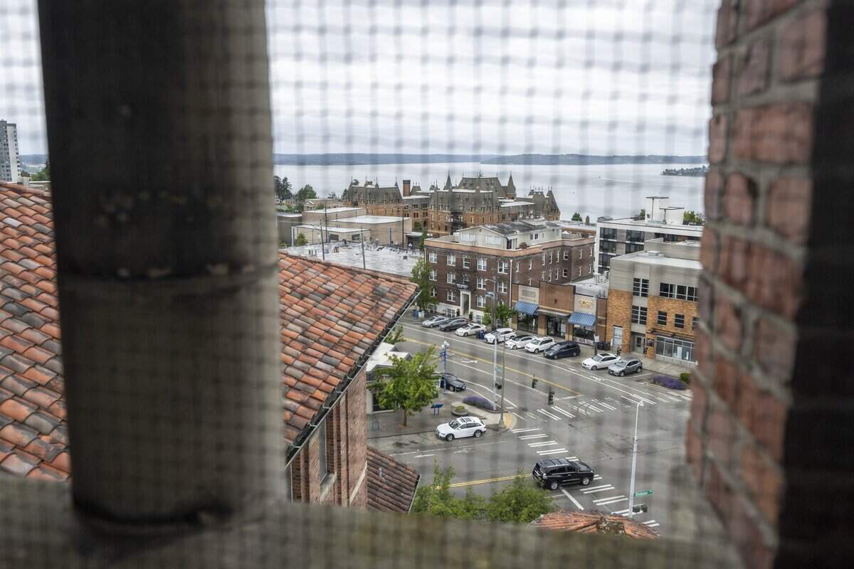Stadium High School and the Sound are visible from the tower of First Presbyterian Church Tacoma on Tuesday, June 30, 2026, in Tacoma, Wash.