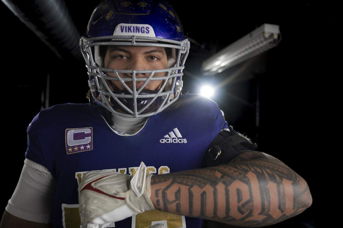Puyallup junior left tackle Gecova Doyal poses for a portrait after being selected as first-team offense for The News Tribune’s 2025 All-Area football team at Mount Tahoma High School, on Sunday, Dec. 7, 2025, in Tacoma, Wash.