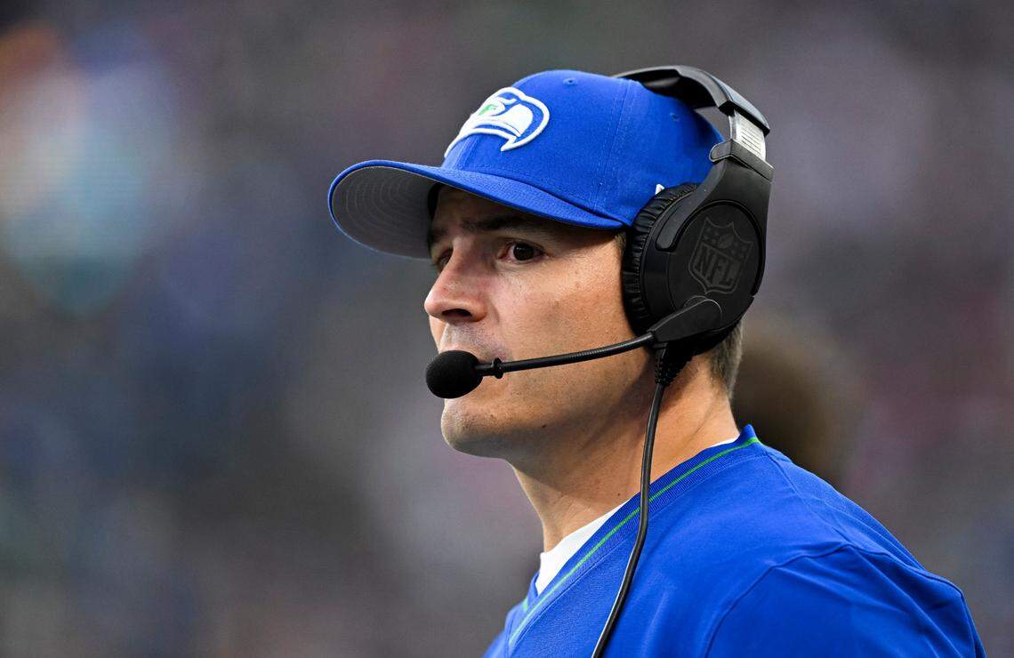 Seattle Seahawks head coach Mike Macdonald looks on during the second quarter of the game against the San Francisco 49ers at Lumen Field, on Thursday, Oct. 10, 2024, in Seattle, Wash.