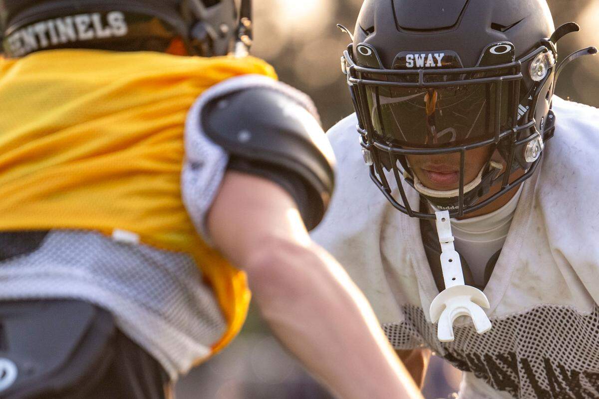 Spanaway Lake defensive back Jasiah Denmark covers a receiver during 7-on-7 drills at practice on Wednesday, Aug. 23, 2023, at Spanaway Lake High School in Spanaway, Wash.