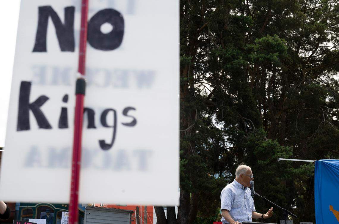 Former Washington governor Jay Inslee speaks during a “No Kings” protest at People’s Park on Saturday, June 14, 2025, in Tacoma, Wash.