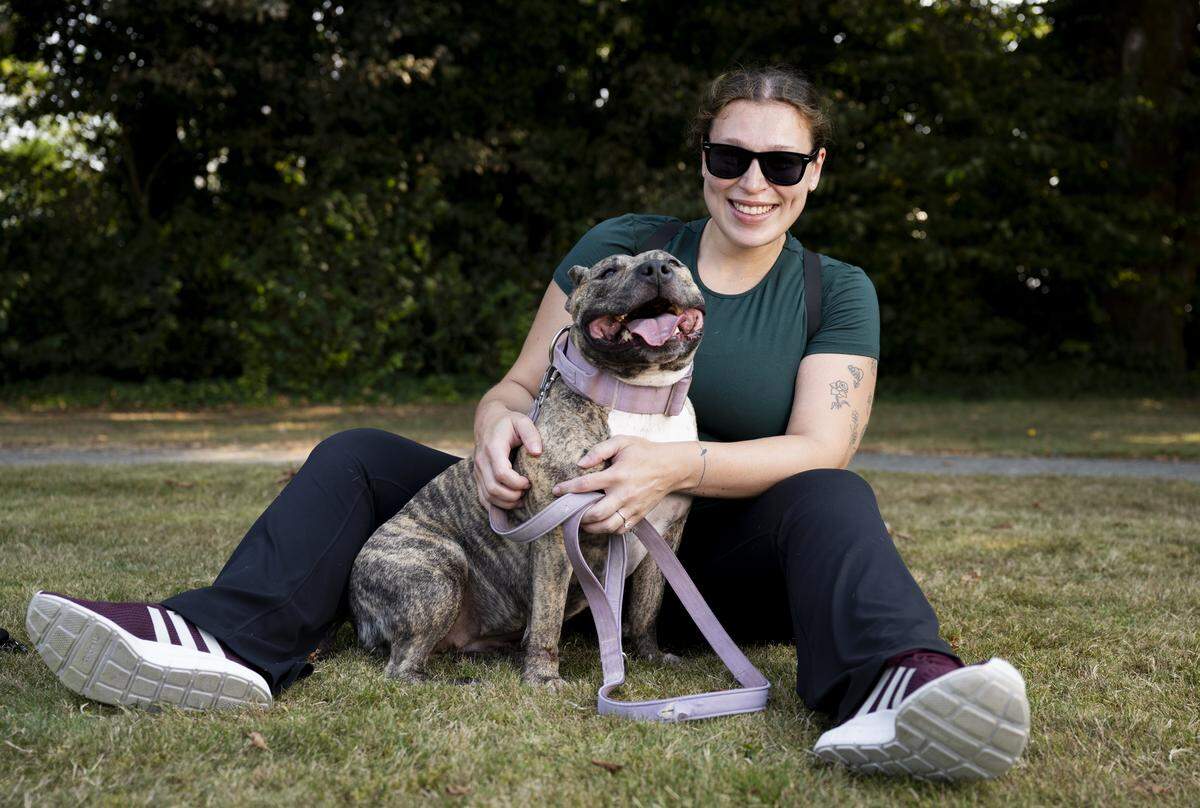 Sugar is Paige Calcagni's rescue dog, who is in the top 10 of People's World's Cutest Rescue Dog Contest, on Wednesday, Sept. 3, 2025, in Tacoma, Wash.