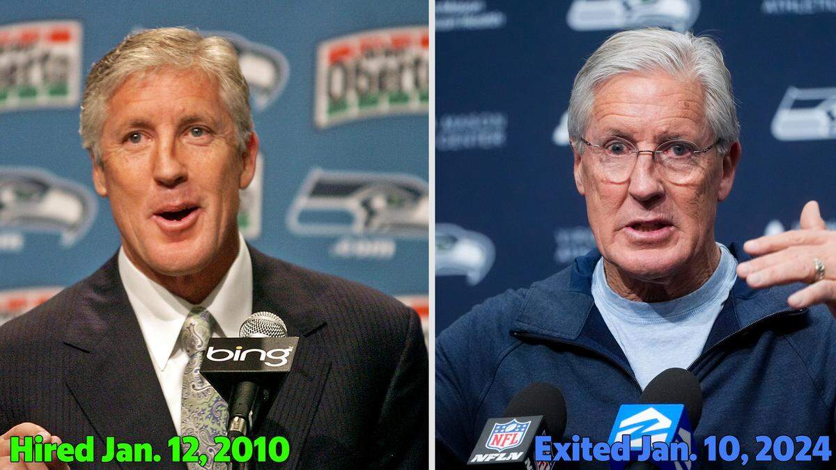 In this photo illustration, Pete Carroll is seen at his introductory press conference with the Seahawks on Jan. 12, 2010 (left). After 14 seasons with Seattle, Carroll announced on Wednesday, Jan. 10, 2024, that he was exiting as head coach.