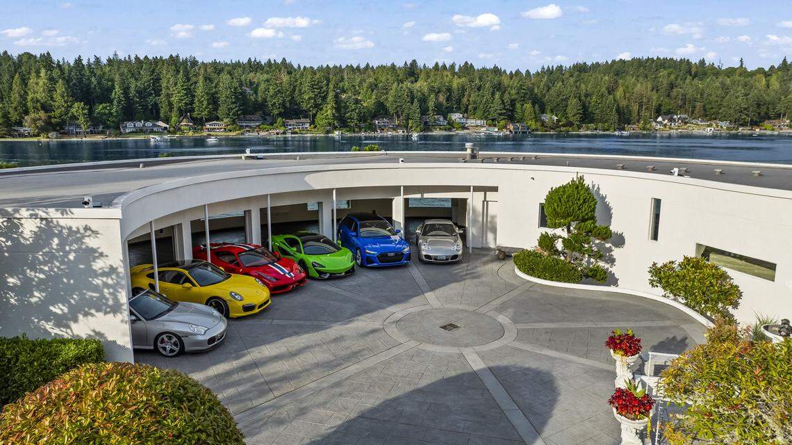 The six-bay garage has six spaces for vehicles at The S House near Gig Harbor, Wash.