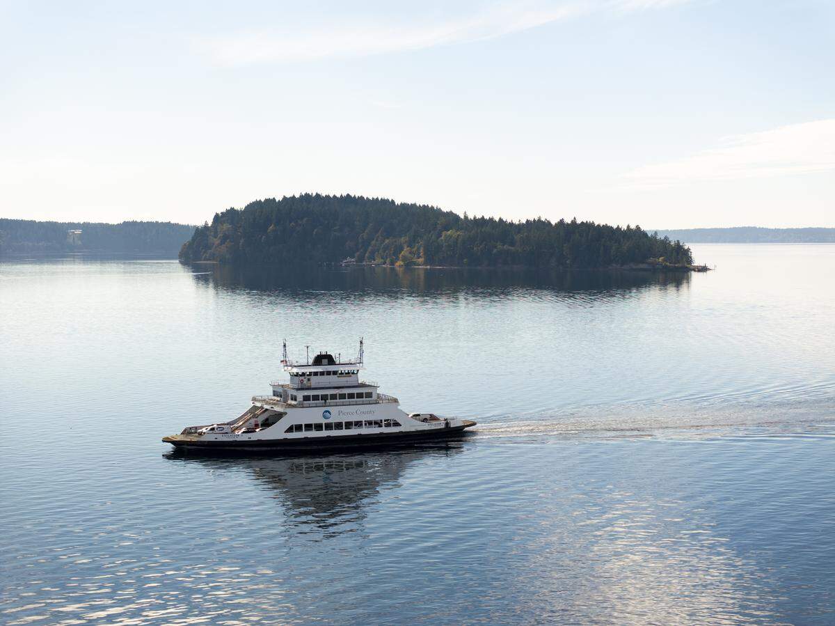The Pierce County Anderson Island Ferry makes its way back from Anderson Island, on Wednesday, Oct. 15, 2025, in Steilacoom.