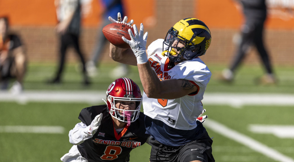 The Seahawks selected tight end AJ Barner from the University of Michigan in the fourth round of the NFL draft, on April 27, 2024. Here Barner competes at the Senior Bowl showcase for draft prospects this winter.
