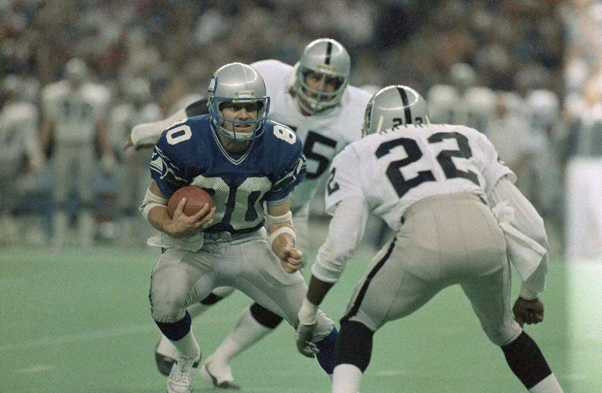 Hall of Famer Steve Largent against one of his most bitter rivals of his Seahawks career that spanned from Seattle’s inaugural season of 1976 through 1989: the Raiders.