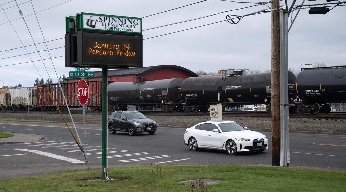 Spinning Elementary School in Puyallup, Washington, sits adjacent to busy Pioneer Way and the train tracks, shown on Thursday, Jan. 30, 2025. A proposed $800 million bond for the Puyallup School District would include building a new school further away from the busy roadway and train tracks.