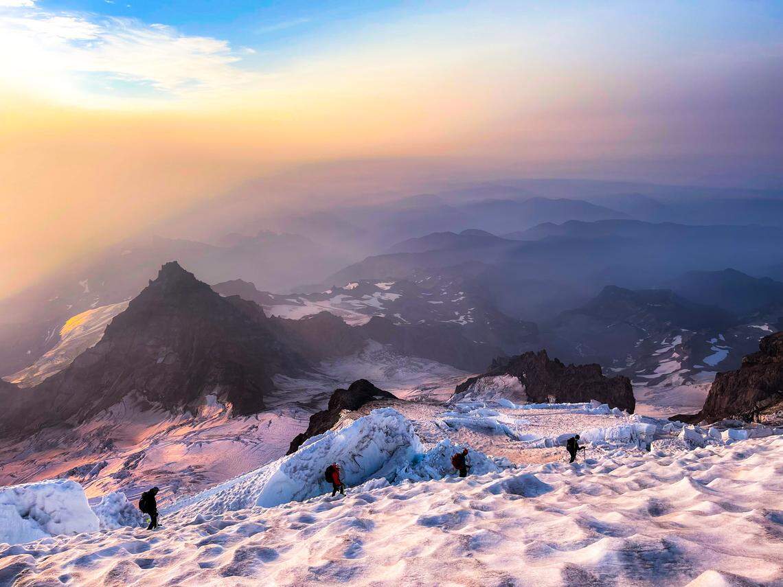 Climber Harrison Laird and friends are pictured on an ascent to the summit of Mount Rainier.