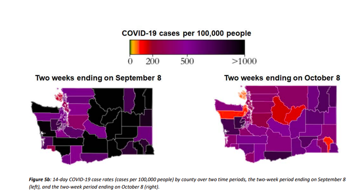 These illustrations released Oct. 20 from the state Department of Health show the difference in case rates per 100,000 across the state compared with early September.